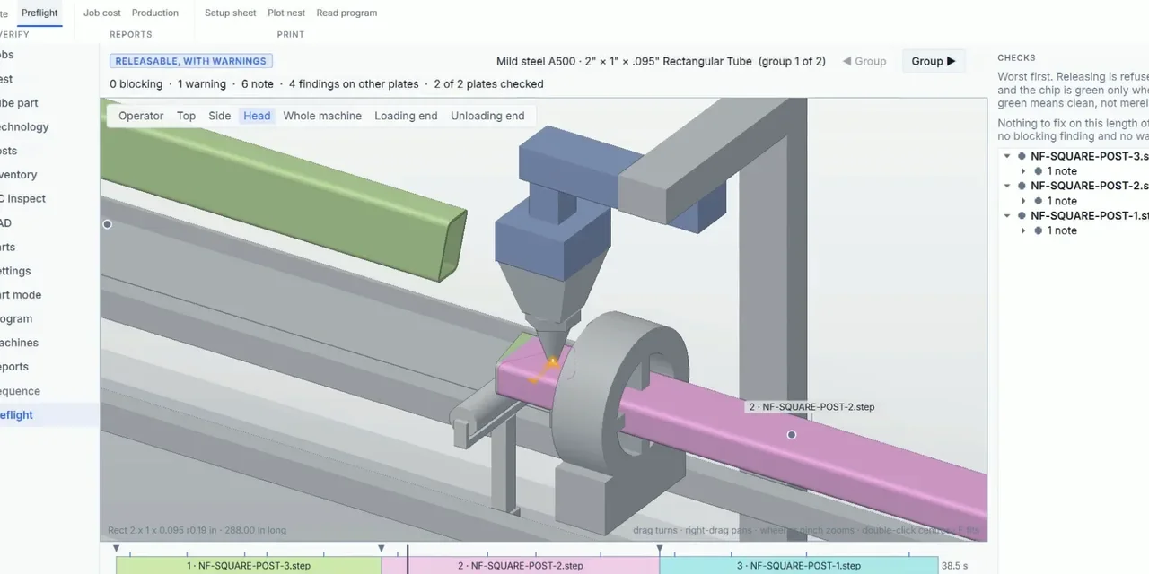 3D preview of a tube laser cutting a rectangular tube, with the cut sequence timeline below.