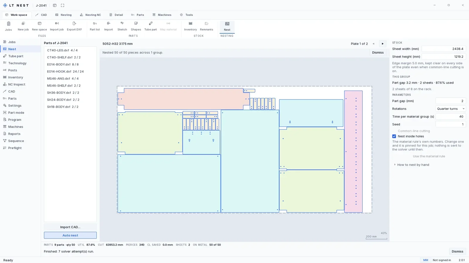 Lasertally Nest: parts nested on a plate with the parts list and sheet settings.